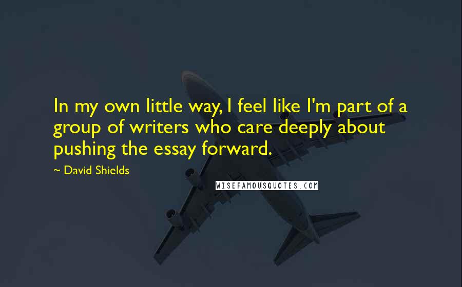 David Shields Quotes: In my own little way, I feel like I'm part of a group of writers who care deeply about pushing the essay forward.