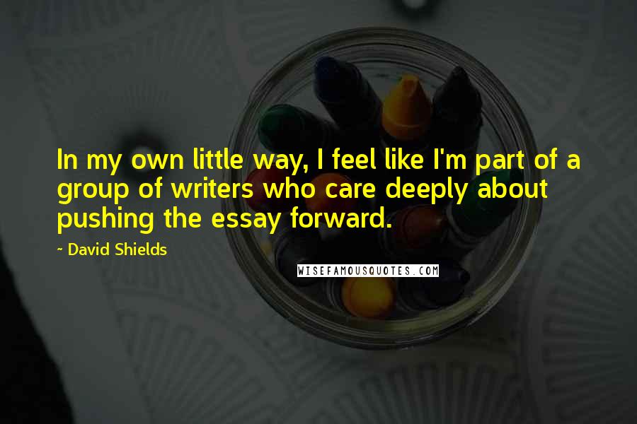 David Shields Quotes: In my own little way, I feel like I'm part of a group of writers who care deeply about pushing the essay forward.