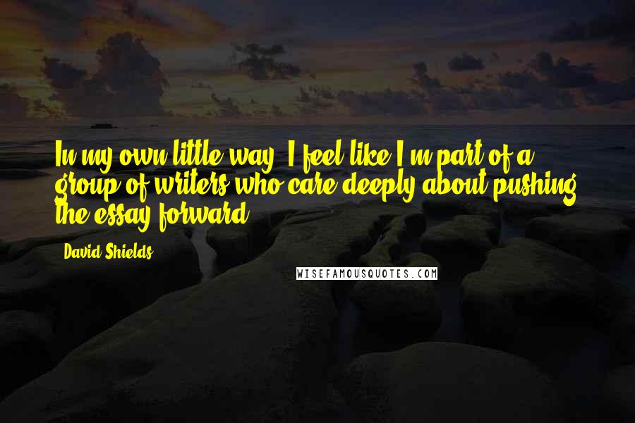 David Shields Quotes: In my own little way, I feel like I'm part of a group of writers who care deeply about pushing the essay forward.