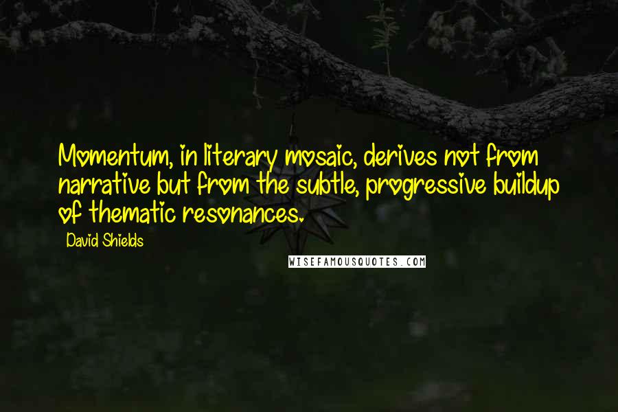 David Shields Quotes: Momentum, in literary mosaic, derives not from narrative but from the subtle, progressive buildup of thematic resonances.