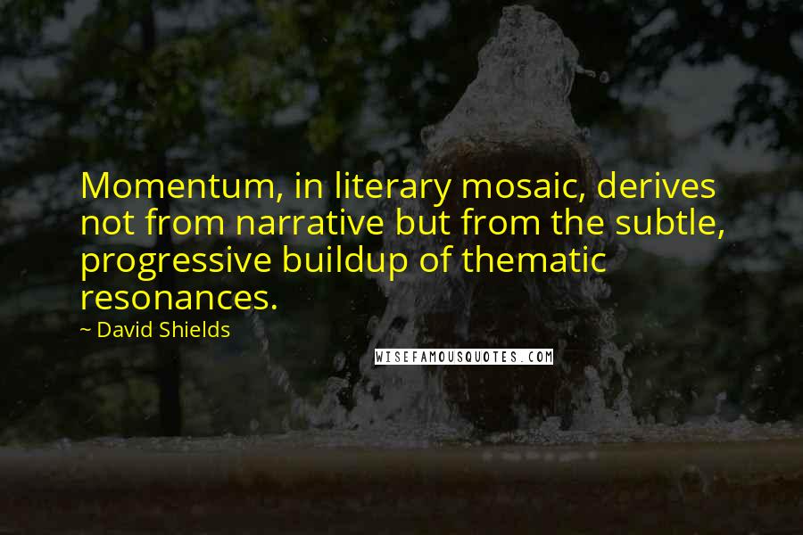 David Shields Quotes: Momentum, in literary mosaic, derives not from narrative but from the subtle, progressive buildup of thematic resonances.