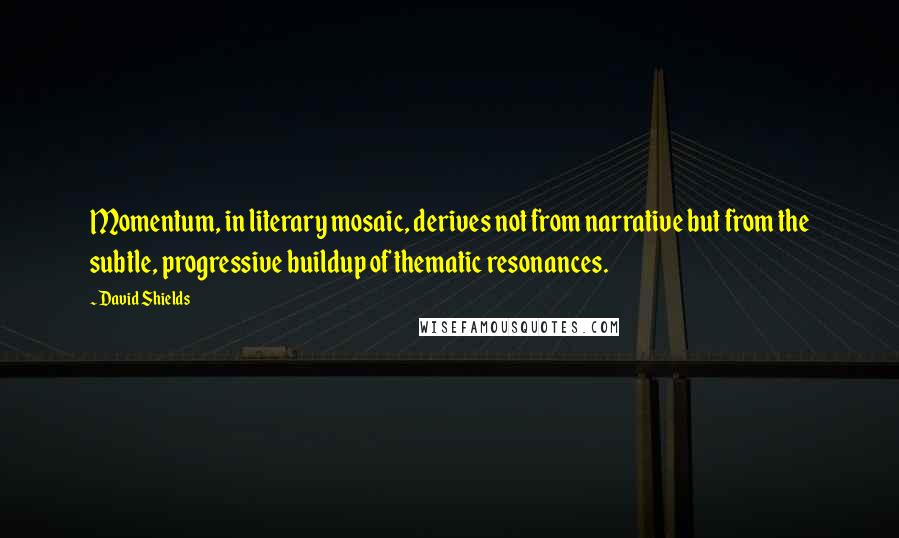 David Shields Quotes: Momentum, in literary mosaic, derives not from narrative but from the subtle, progressive buildup of thematic resonances.