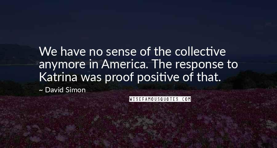 David Simon Quotes: We have no sense of the collective anymore in America. The response to Katrina was proof positive of that.