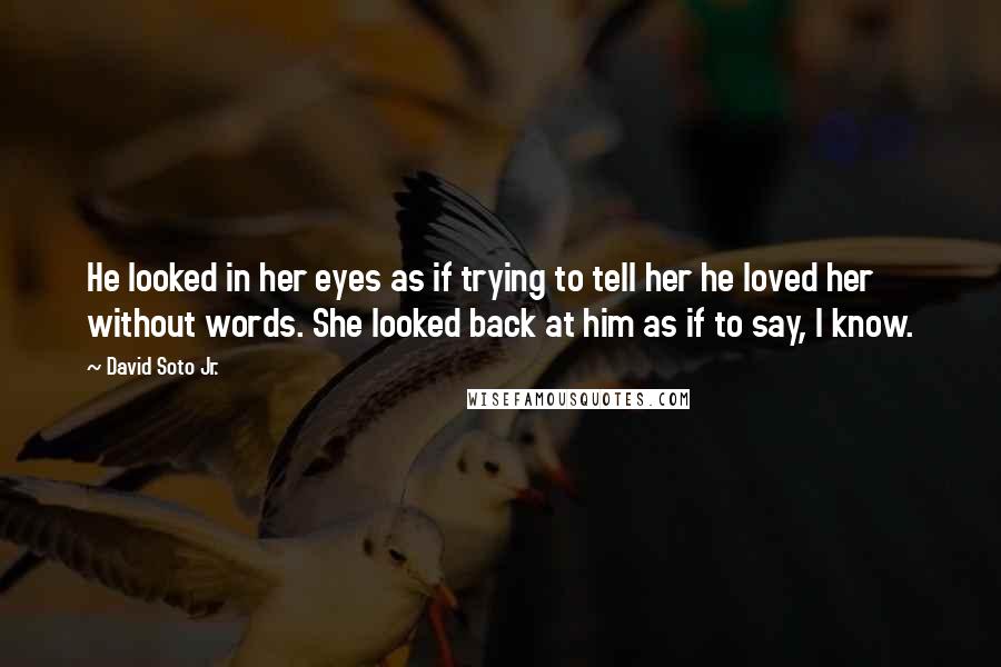 David Soto Jr. Quotes: He looked in her eyes as if trying to tell her he loved her without words. She looked back at him as if to say, I know.