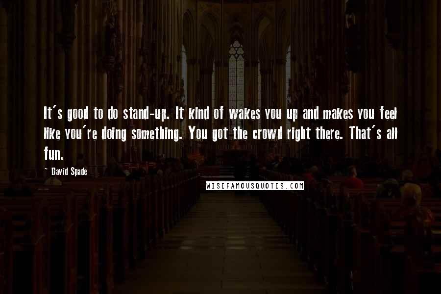 David Spade Quotes: It's good to do stand-up. It kind of wakes you up and makes you feel like you're doing something. You got the crowd right there. That's all fun.