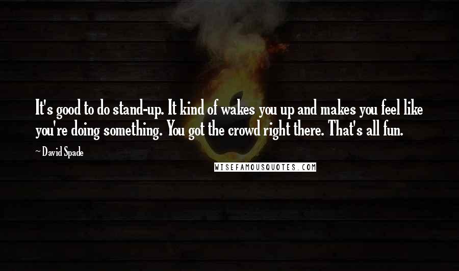 David Spade Quotes: It's good to do stand-up. It kind of wakes you up and makes you feel like you're doing something. You got the crowd right there. That's all fun.