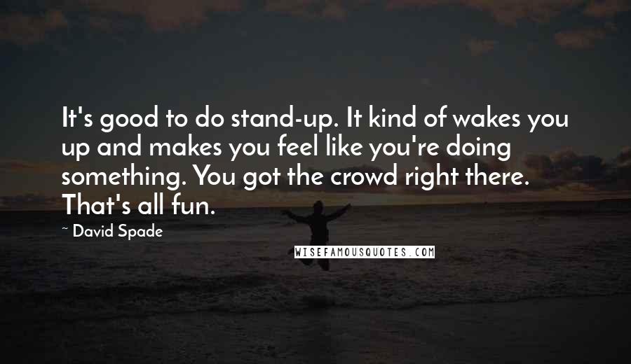 David Spade Quotes: It's good to do stand-up. It kind of wakes you up and makes you feel like you're doing something. You got the crowd right there. That's all fun.