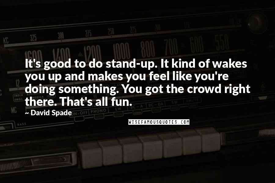 David Spade Quotes: It's good to do stand-up. It kind of wakes you up and makes you feel like you're doing something. You got the crowd right there. That's all fun.