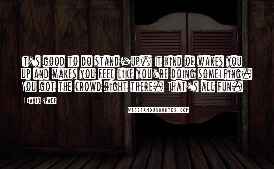 David Spade Quotes: It's good to do stand-up. It kind of wakes you up and makes you feel like you're doing something. You got the crowd right there. That's all fun.