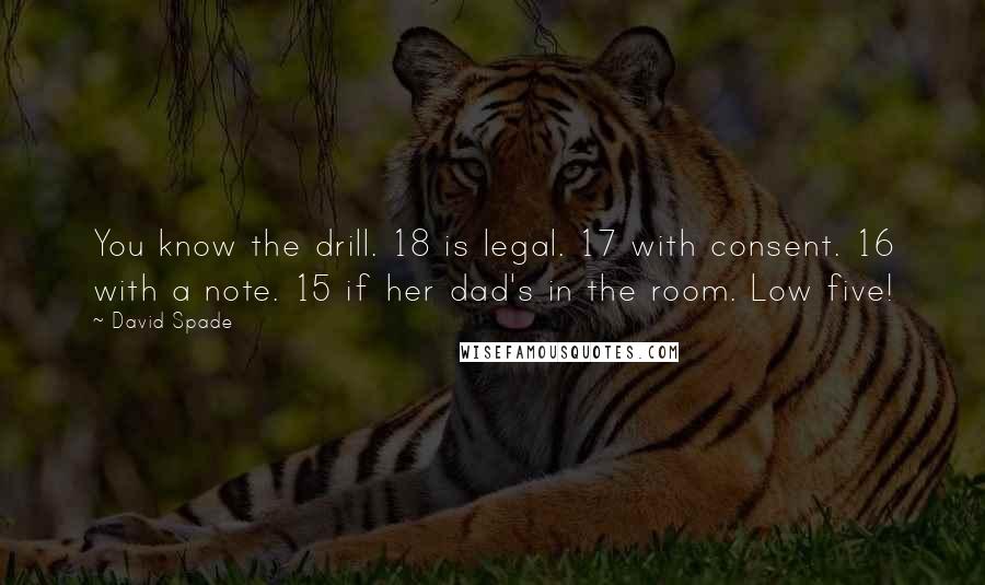 David Spade Quotes: You know the drill. 18 is legal. 17 with consent. 16 with a note. 15 if her dad's in the room. Low five!