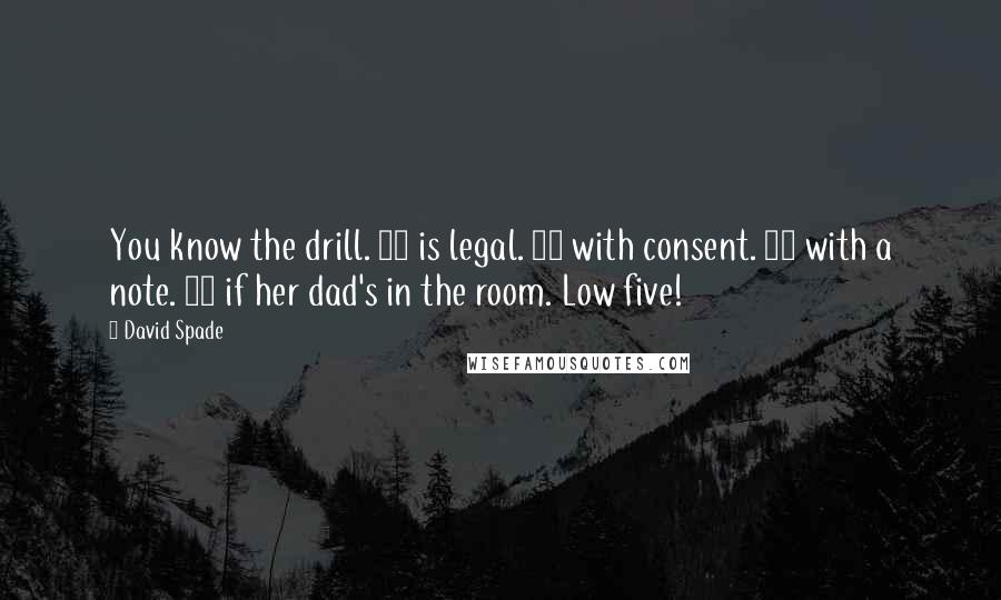 David Spade Quotes: You know the drill. 18 is legal. 17 with consent. 16 with a note. 15 if her dad's in the room. Low five!