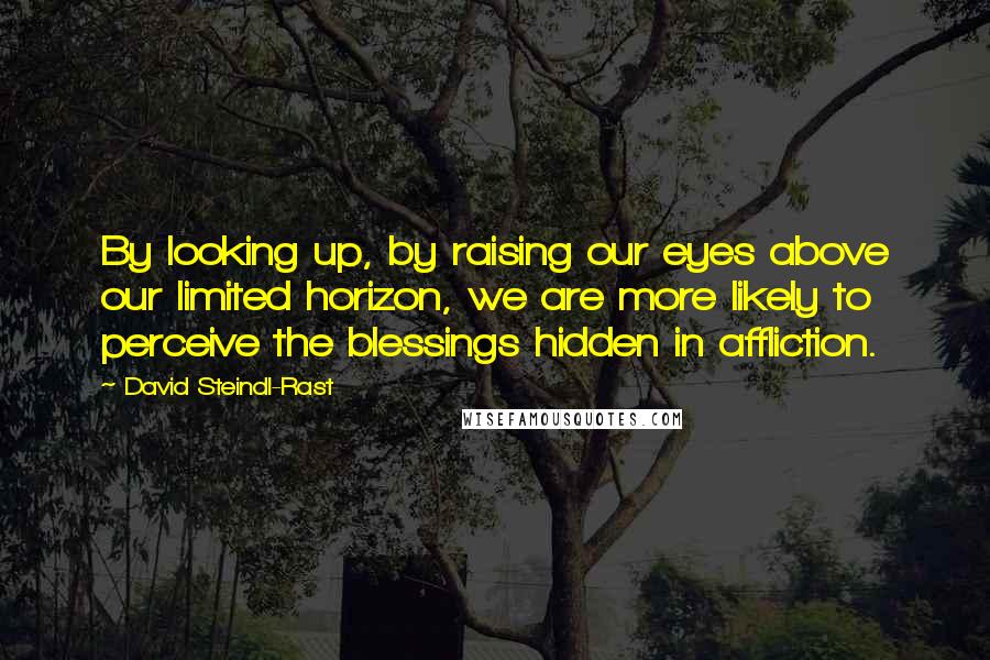 David Steindl-Rast Quotes: By looking up, by raising our eyes above our limited horizon, we are more likely to perceive the blessings hidden in affliction.