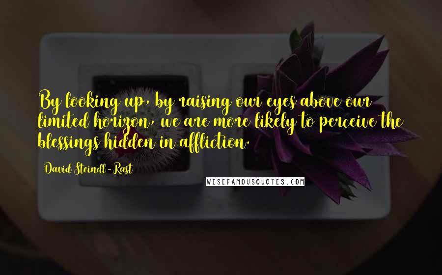 David Steindl-Rast Quotes: By looking up, by raising our eyes above our limited horizon, we are more likely to perceive the blessings hidden in affliction.