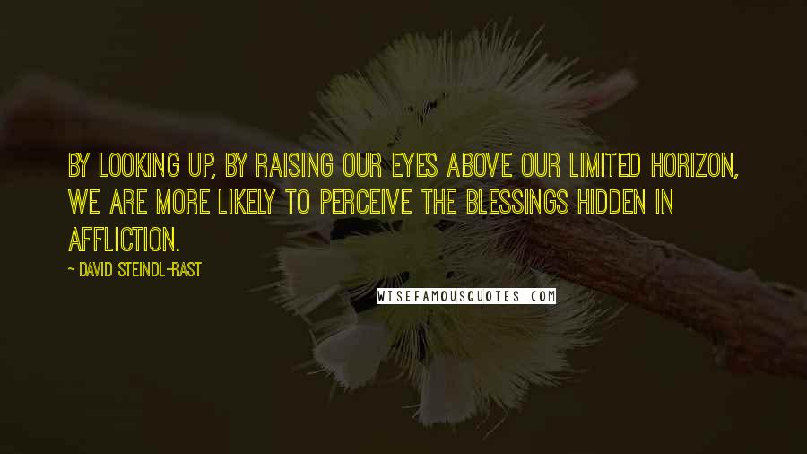 David Steindl-Rast Quotes: By looking up, by raising our eyes above our limited horizon, we are more likely to perceive the blessings hidden in affliction.