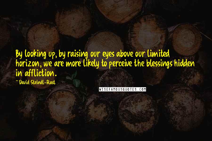 David Steindl-Rast Quotes: By looking up, by raising our eyes above our limited horizon, we are more likely to perceive the blessings hidden in affliction.