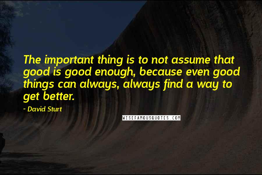 David Sturt Quotes: The important thing is to not assume that good is good enough, because even good things can always, always find a way to get better.