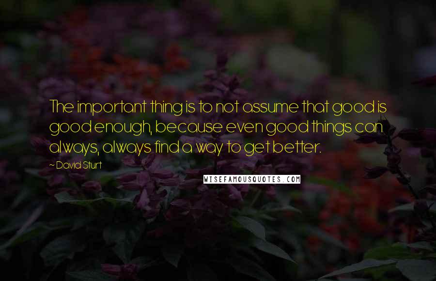 David Sturt Quotes: The important thing is to not assume that good is good enough, because even good things can always, always find a way to get better.