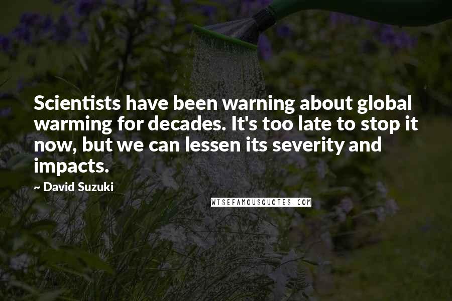 David Suzuki Quotes: Scientists have been warning about global warming for decades. It's too late to stop it now, but we can lessen its severity and impacts.