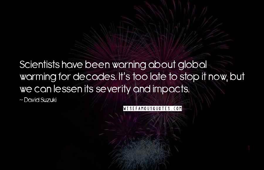 David Suzuki Quotes: Scientists have been warning about global warming for decades. It's too late to stop it now, but we can lessen its severity and impacts.