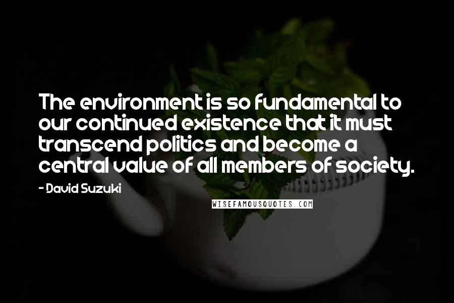 David Suzuki Quotes: The environment is so fundamental to our continued existence that it must transcend politics and become a central value of all members of society.