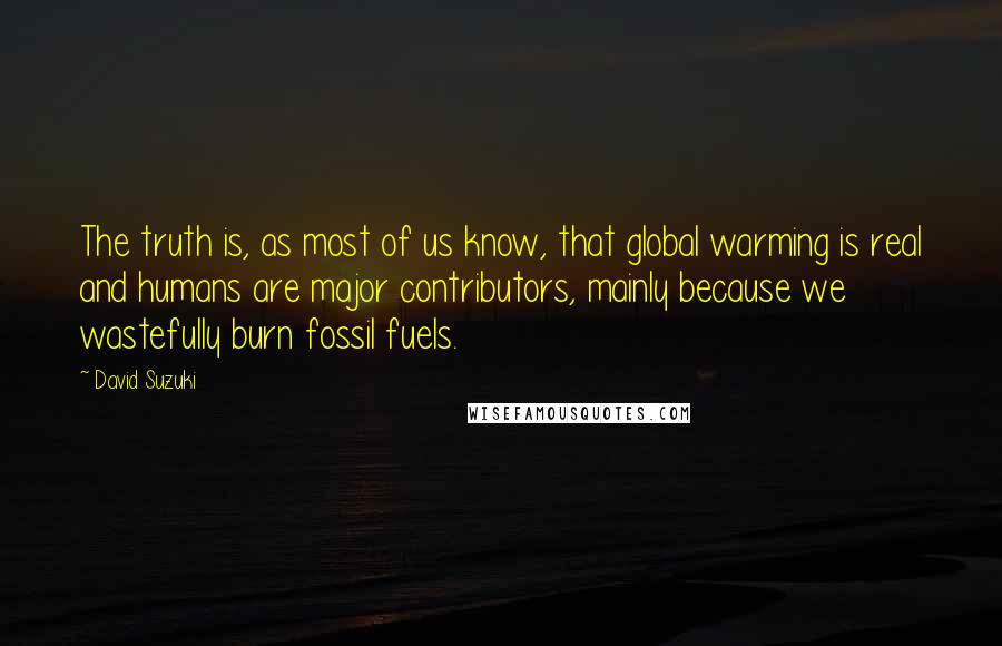 David Suzuki Quotes: The truth is, as most of us know, that global warming is real and humans are major contributors, mainly because we wastefully burn fossil fuels.