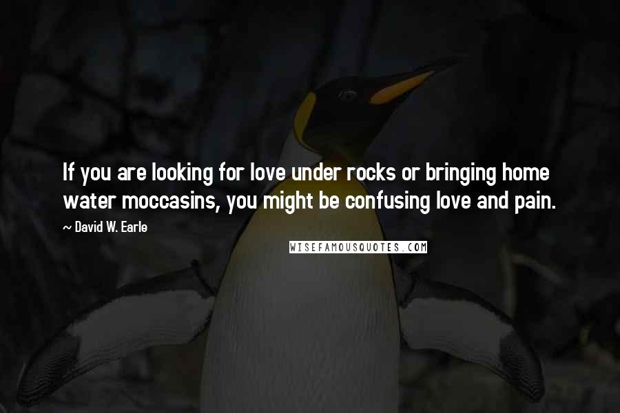 David W. Earle Quotes: If you are looking for love under rocks or bringing home water moccasins, you might be confusing love and pain.