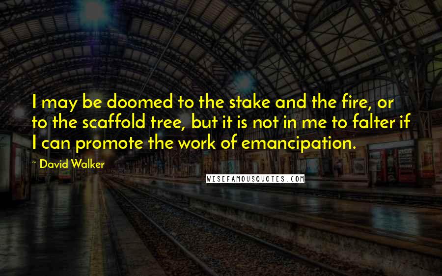 David Walker Quotes: I may be doomed to the stake and the fire, or to the scaffold tree, but it is not in me to falter if I can promote the work of emancipation.