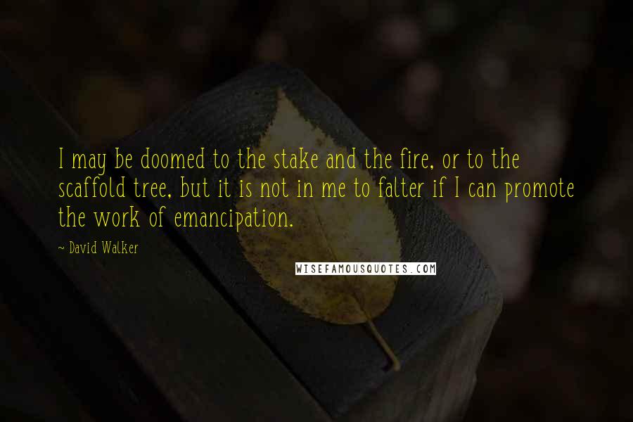 David Walker Quotes: I may be doomed to the stake and the fire, or to the scaffold tree, but it is not in me to falter if I can promote the work of emancipation.