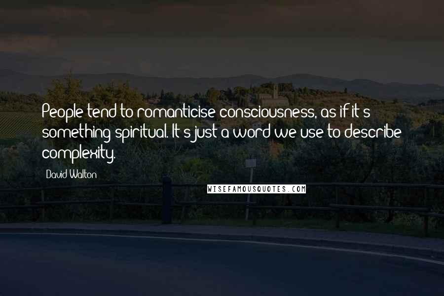 David Walton Quotes: People tend to romanticise consciousness, as if it's something spiritual. It's just a word we use to describe complexity.