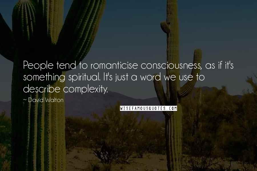 David Walton Quotes: People tend to romanticise consciousness, as if it's something spiritual. It's just a word we use to describe complexity.