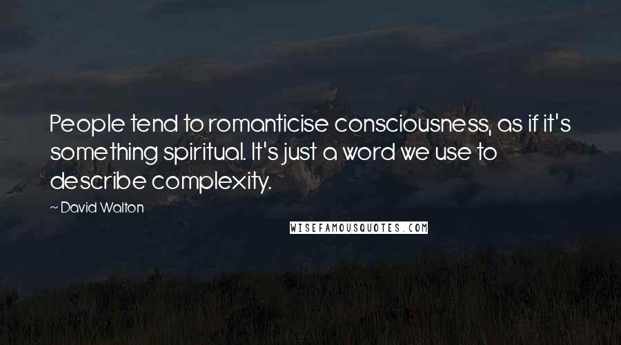 David Walton Quotes: People tend to romanticise consciousness, as if it's something spiritual. It's just a word we use to describe complexity.