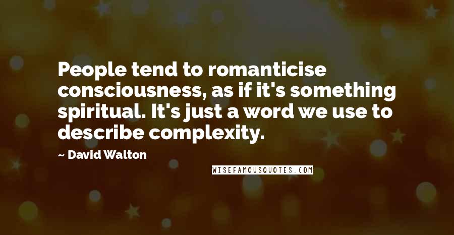 David Walton Quotes: People tend to romanticise consciousness, as if it's something spiritual. It's just a word we use to describe complexity.