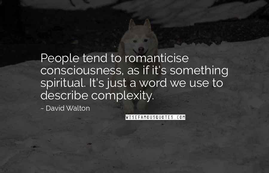 David Walton Quotes: People tend to romanticise consciousness, as if it's something spiritual. It's just a word we use to describe complexity.