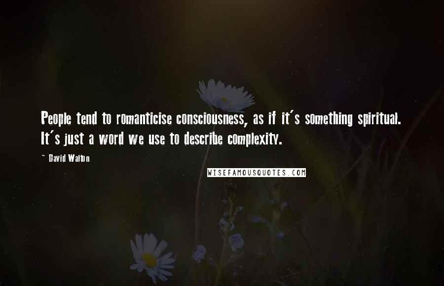 David Walton Quotes: People tend to romanticise consciousness, as if it's something spiritual. It's just a word we use to describe complexity.