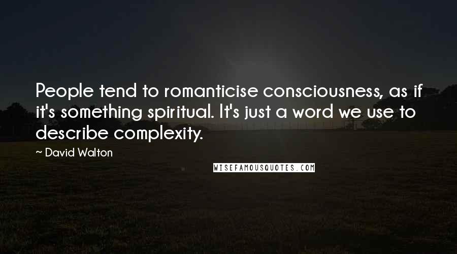 David Walton Quotes: People tend to romanticise consciousness, as if it's something spiritual. It's just a word we use to describe complexity.