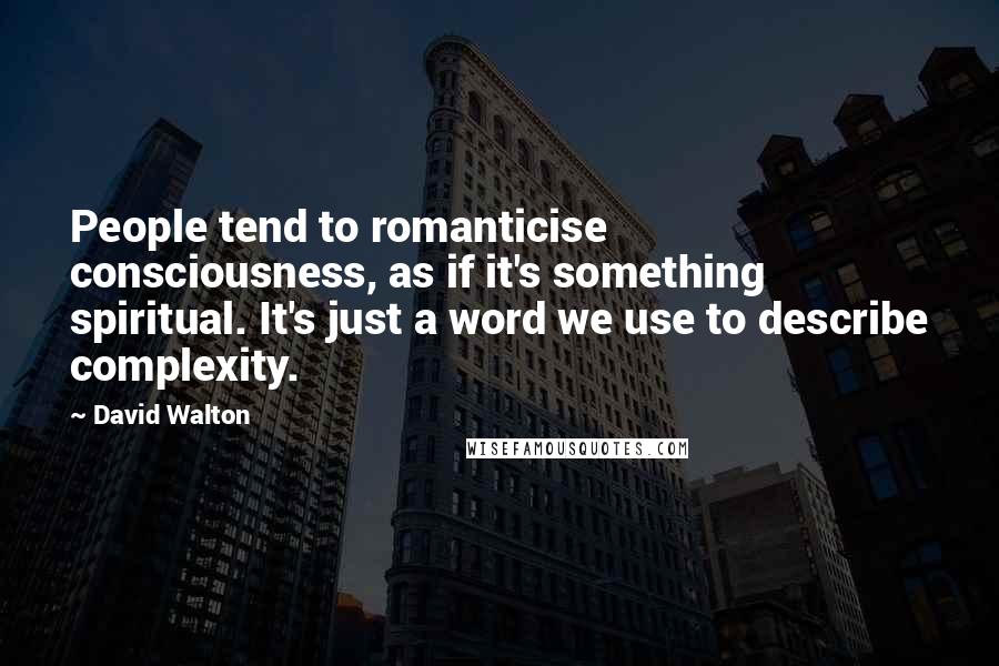 David Walton Quotes: People tend to romanticise consciousness, as if it's something spiritual. It's just a word we use to describe complexity.