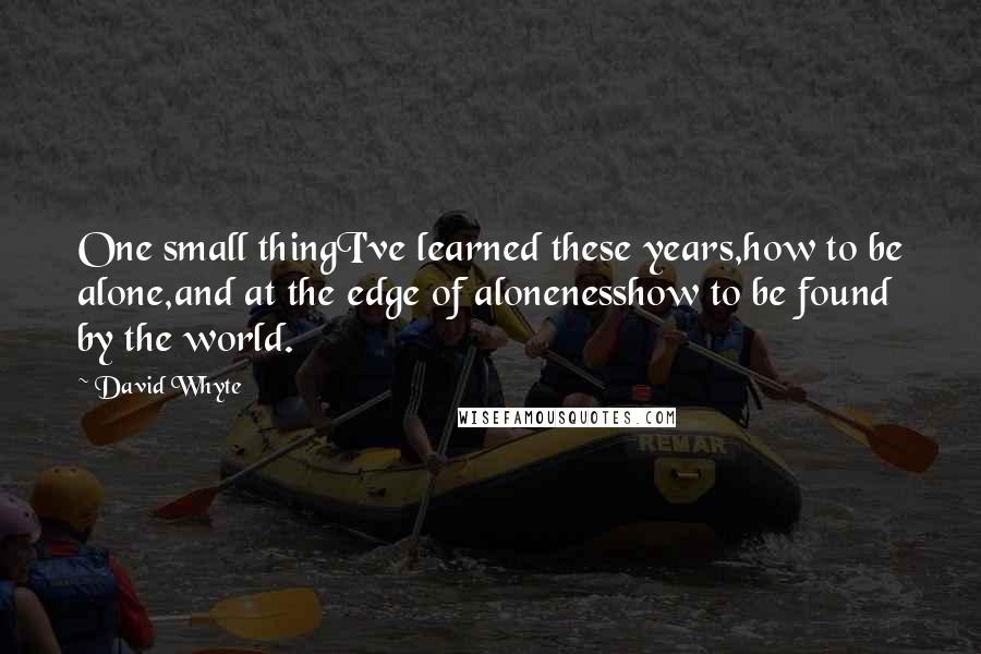 David Whyte Quotes: One small thingI've learned these years,how to be alone,and at the edge of alonenesshow to be found by the world.