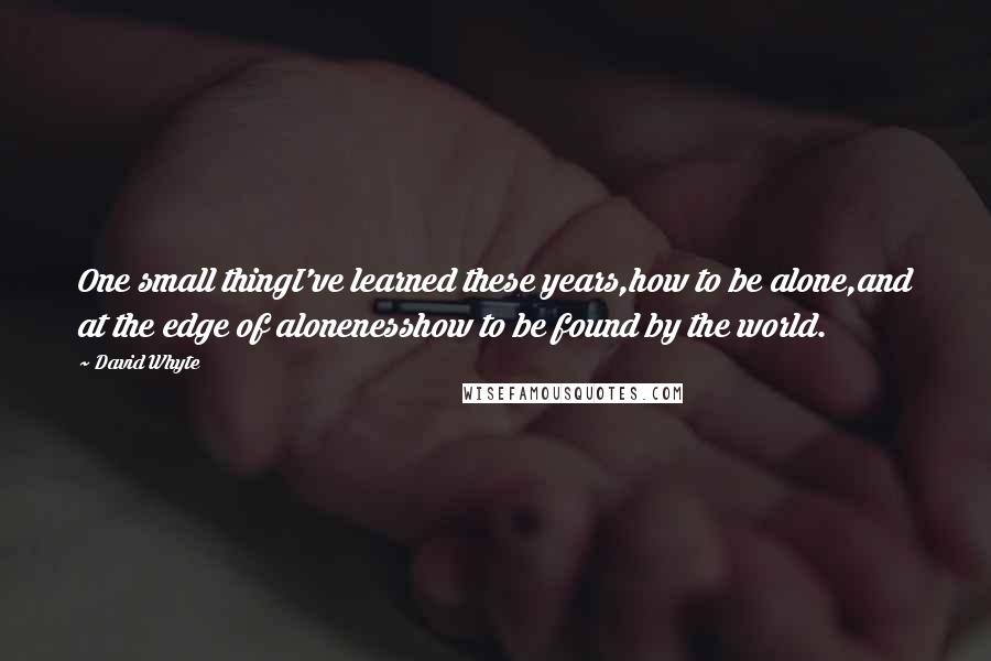 David Whyte Quotes: One small thingI've learned these years,how to be alone,and at the edge of alonenesshow to be found by the world.