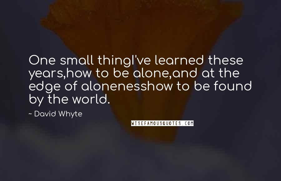 David Whyte Quotes: One small thingI've learned these years,how to be alone,and at the edge of alonenesshow to be found by the world.