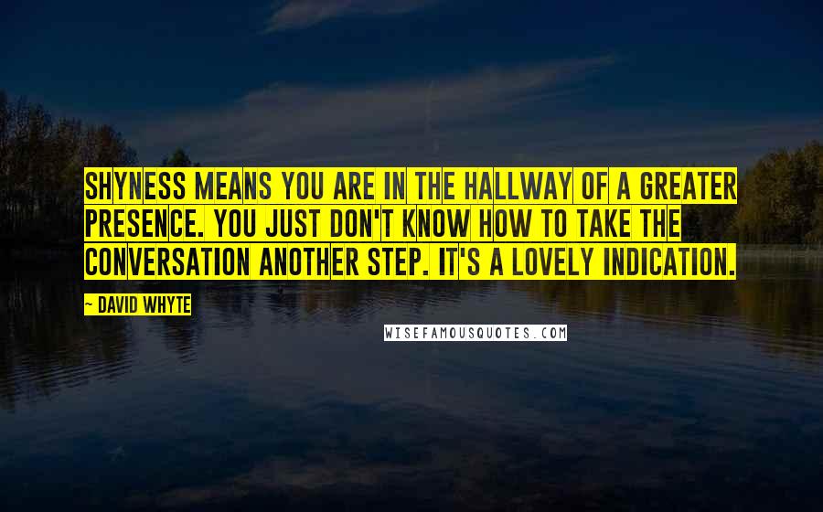 David Whyte Quotes: Shyness means you are in the hallway of a greater presence. You just don't know how to take the conversation another step. It's a lovely indication.
