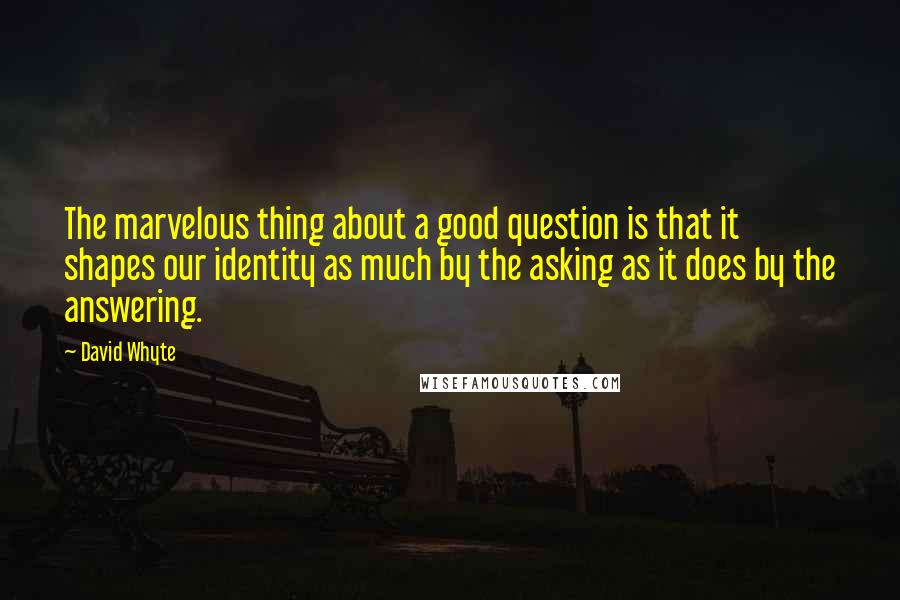 David Whyte Quotes: The marvelous thing about a good question is that it shapes our identity as much by the asking as it does by the answering.