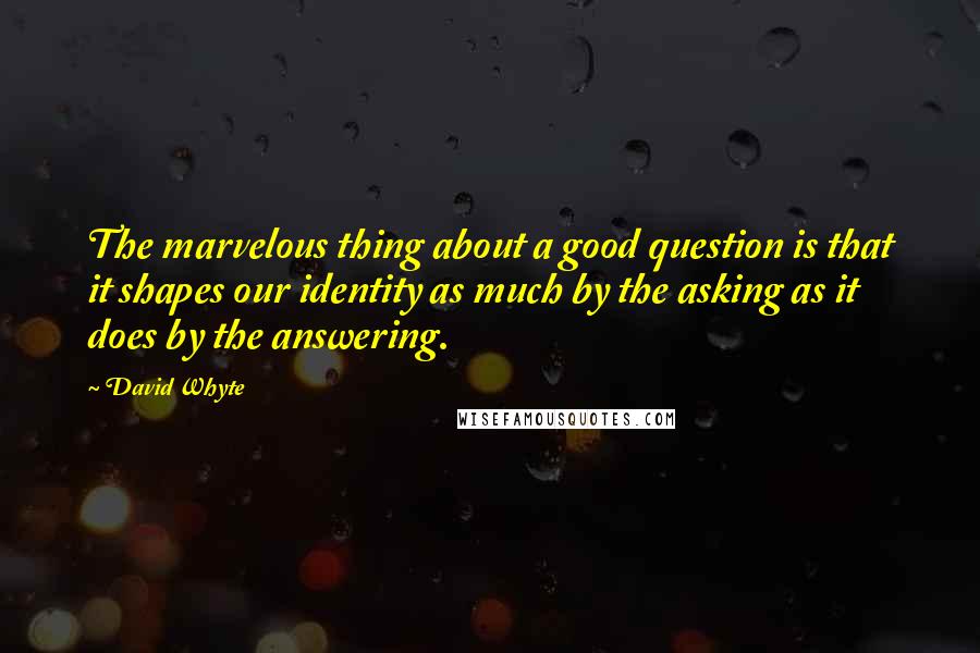 David Whyte Quotes: The marvelous thing about a good question is that it shapes our identity as much by the asking as it does by the answering.