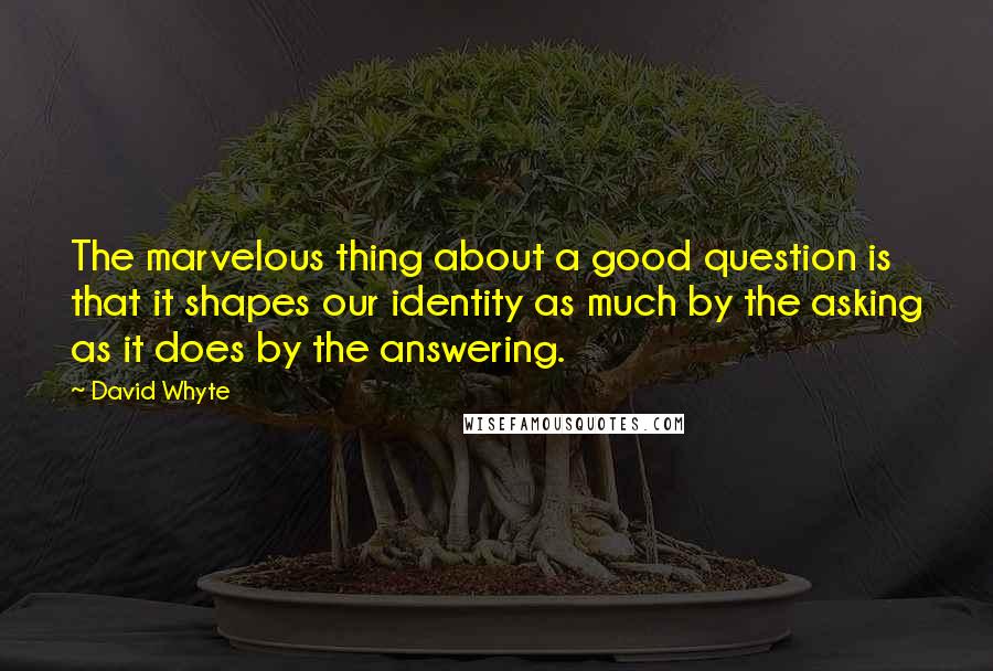 David Whyte Quotes: The marvelous thing about a good question is that it shapes our identity as much by the asking as it does by the answering.