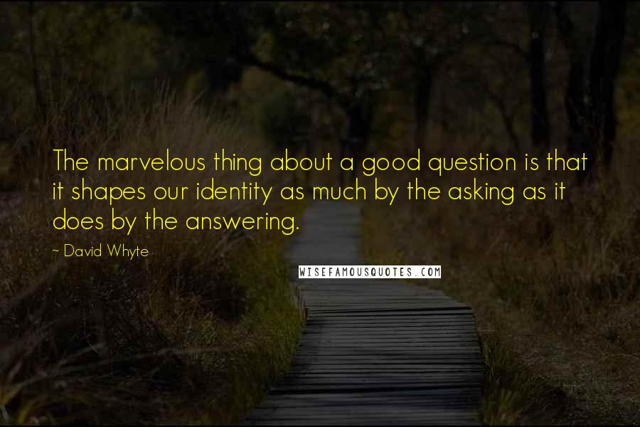 David Whyte Quotes: The marvelous thing about a good question is that it shapes our identity as much by the asking as it does by the answering.