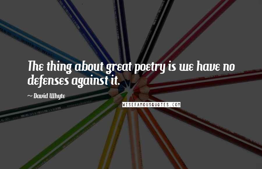 David Whyte Quotes: The thing about great poetry is we have no defenses against it.