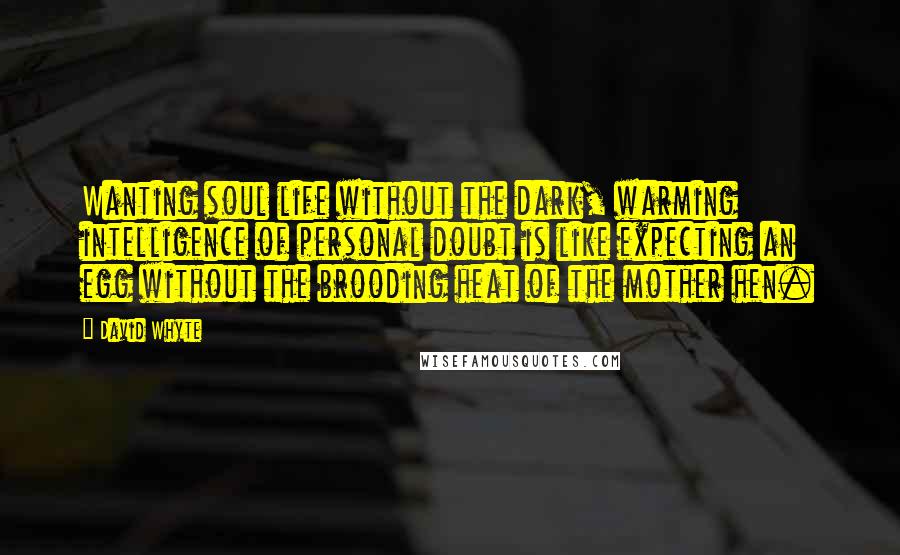 David Whyte Quotes: Wanting soul life without the dark, warming intelligence of personal doubt is like expecting an egg without the brooding heat of the mother hen.