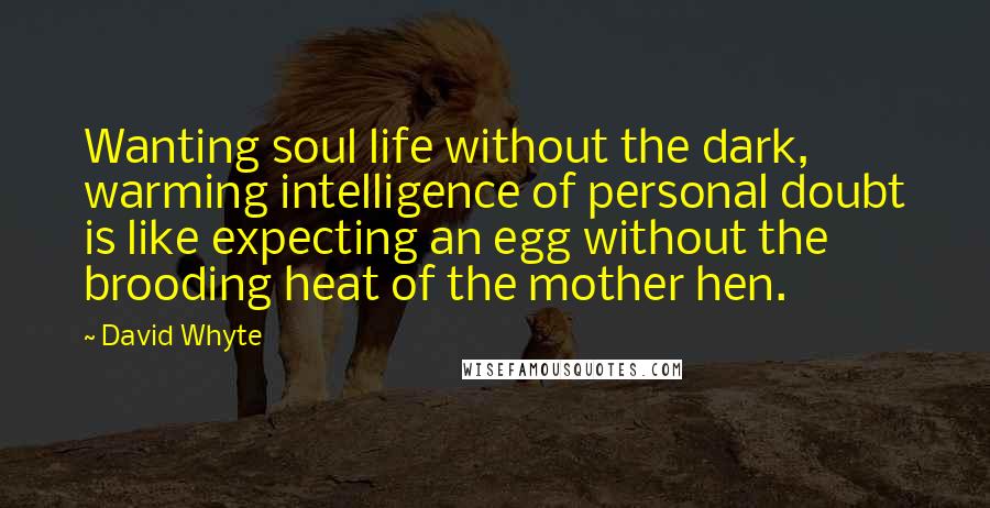 David Whyte Quotes: Wanting soul life without the dark, warming intelligence of personal doubt is like expecting an egg without the brooding heat of the mother hen.