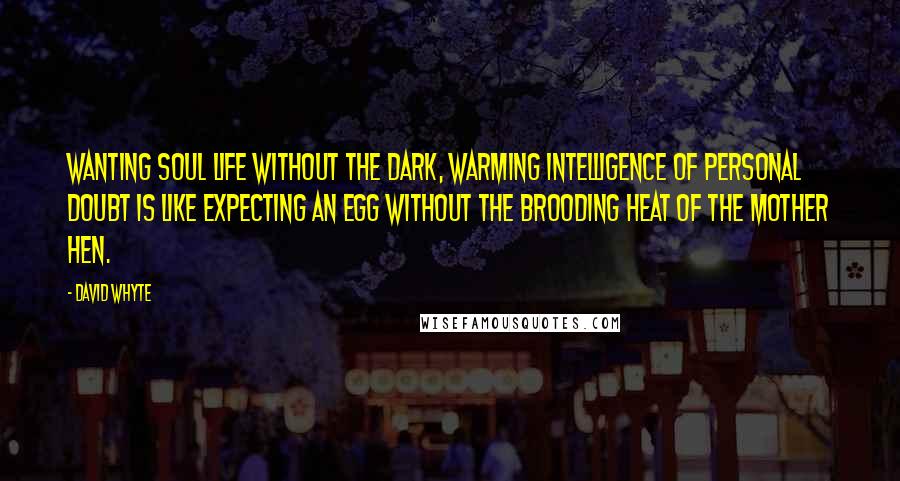 David Whyte Quotes: Wanting soul life without the dark, warming intelligence of personal doubt is like expecting an egg without the brooding heat of the mother hen.