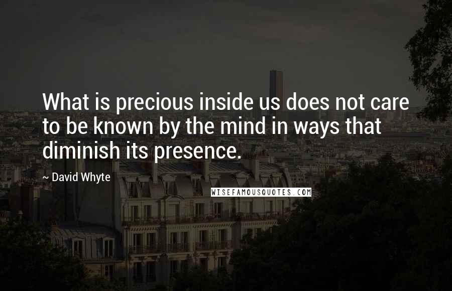 David Whyte Quotes: What is precious inside us does not care to be known by the mind in ways that diminish its presence.