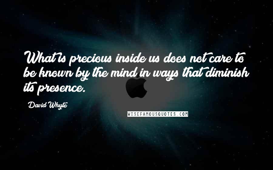 David Whyte Quotes: What is precious inside us does not care to be known by the mind in ways that diminish its presence.